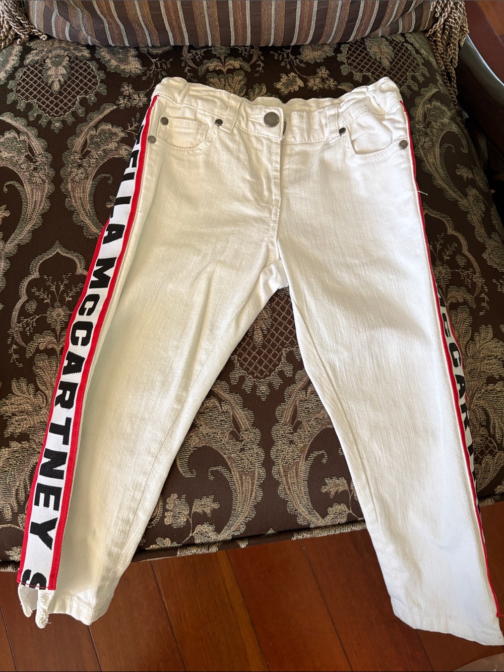 Stella McCartney White Jeans with Red & Black Side Logo Tape